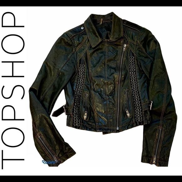 Topshop dark green leather jacket size 4 - Picture 1 of 12
